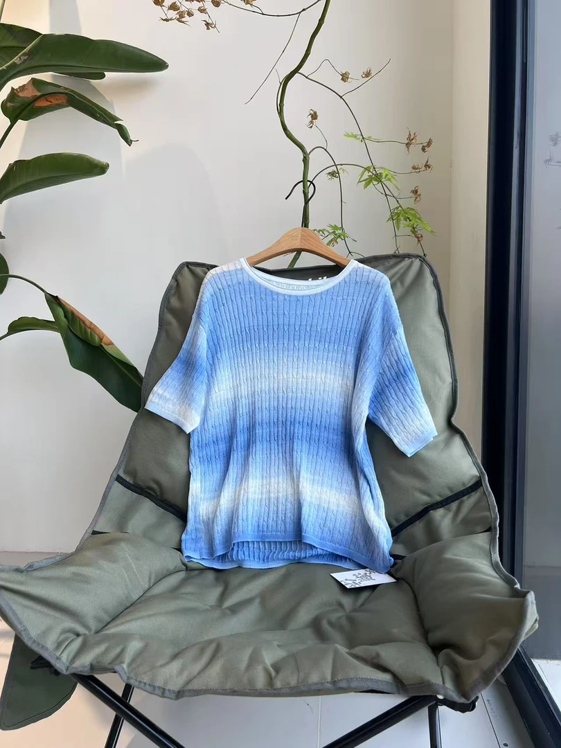 紫色圆领毛针织衫无袖夏季绿色渐变短袖女厚款撞色