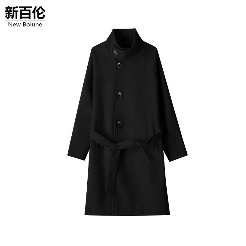 立领毛呢大衣男款中长款大衣毛呢春秋气质黑色简约百搭韩版上衣服