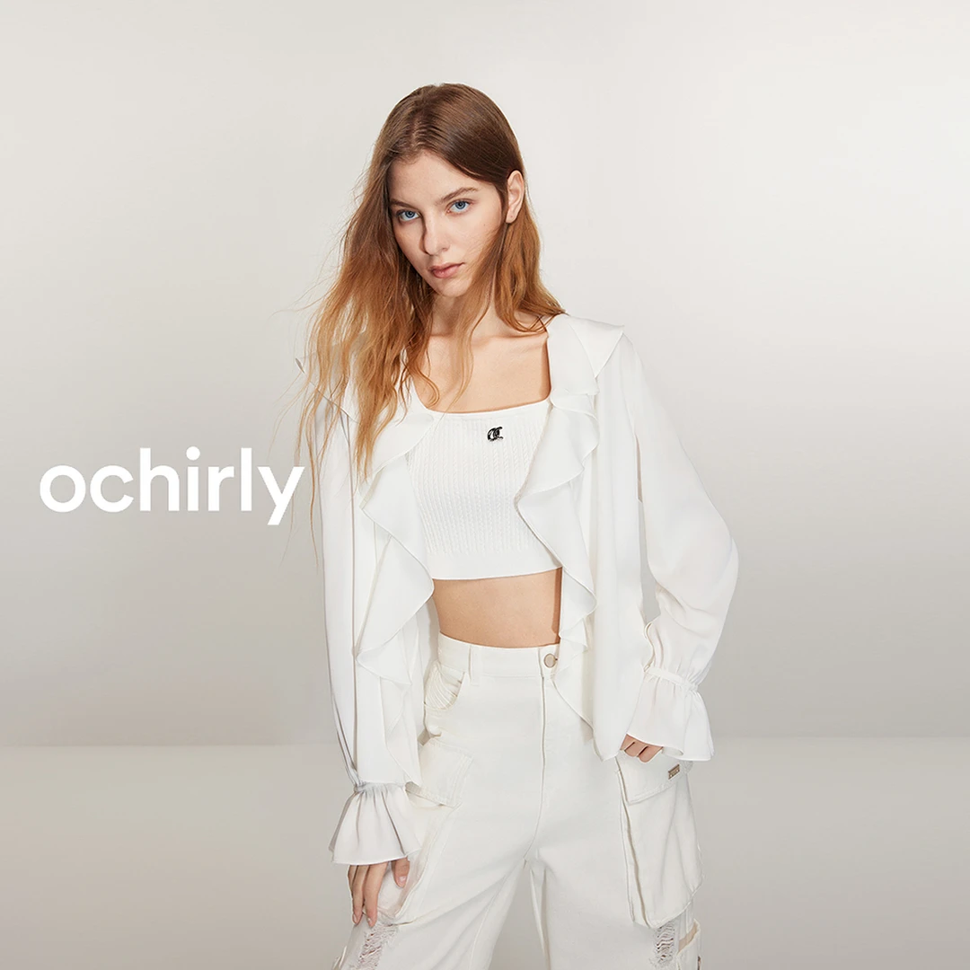 缎面荷叶领法式浪漫衬衫女ochirly欧时力浪漫V领尤莱特