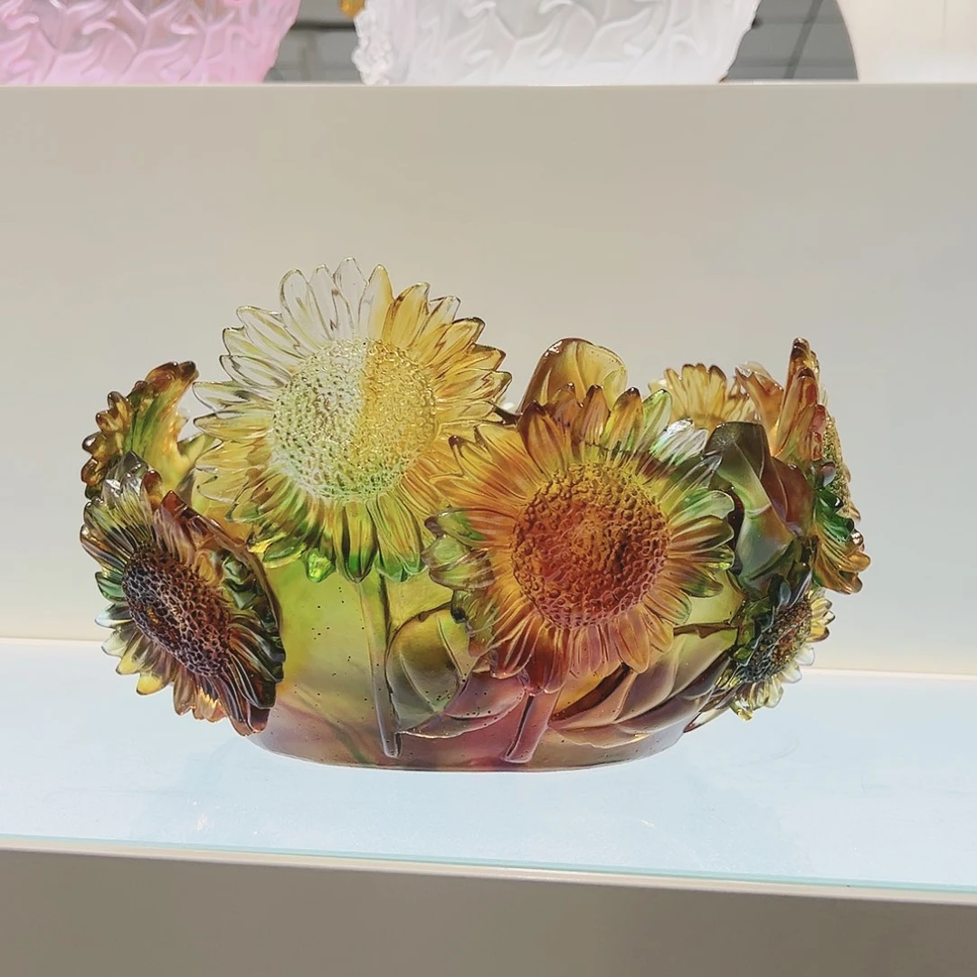 【闪购商品】手工艺品琉璃龙**伴向日葵果盘 29cm