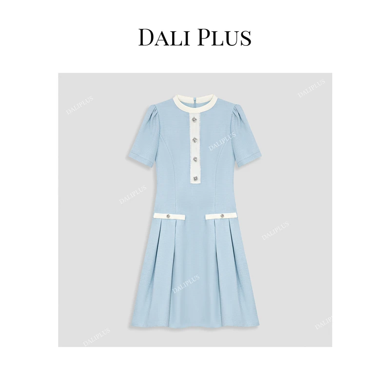 DALI PLUS高贵典雅气质小香风轻奢天蓝色女装棉麻连衣裙-D4MM0207