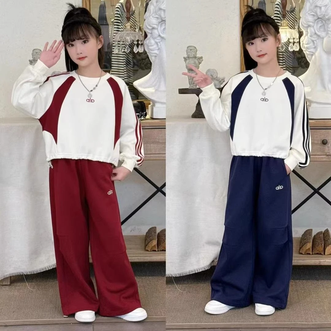 女童秋装2025新款洋气中大童韩系卡通印花卫衣阔腿工装裤春秋套装