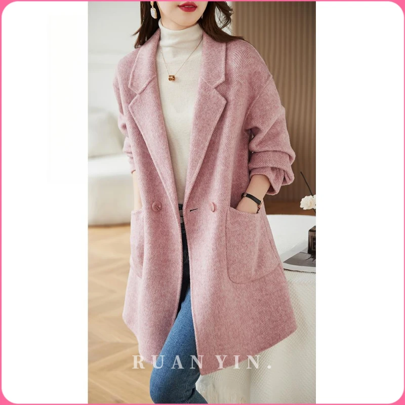 RUAN YIN秋冬新款气质双面温柔呢大衣女中长时尚韩版高端羊毛绒