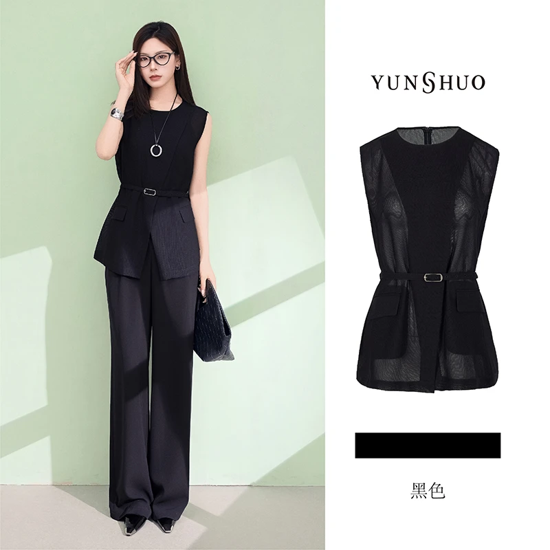 允硕夏季新品时尚圆领女装透气黑色百搭无袖收腰上衣马甲626118