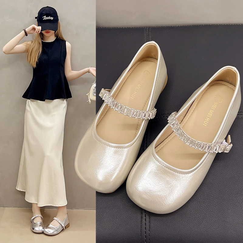法式平底香槟色水钻浅口单鞋女2025夏季配裙子玛丽珍鞋芭蕾小皮鞋