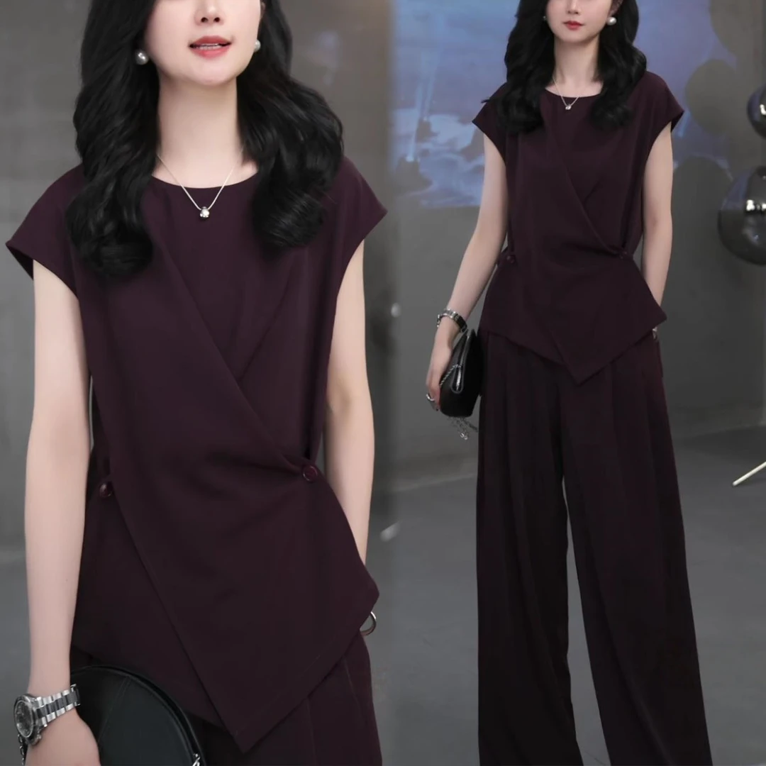 2025夏季新款时尚洋气显瘦设计感飞飞袖上衣阔腿裤休闲两件套装女