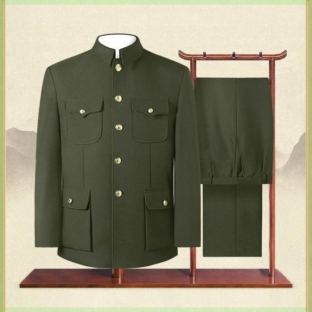 军绿色中山装男士中老年人爸爸宽松薄款外套中式爷爷中山服套装军