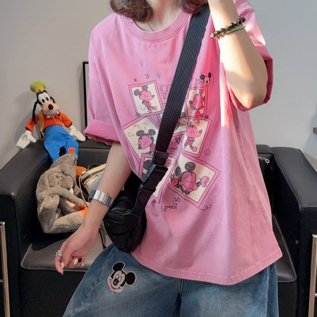 夏季新款超减龄水洗粉色圆领卡通米奇五分袖T恤女宽松显瘦