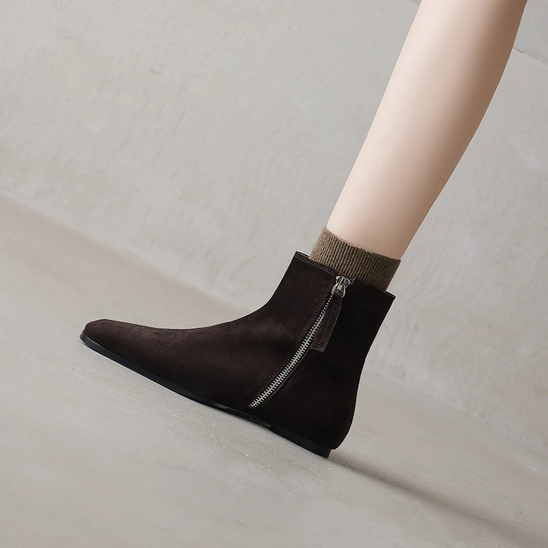 里外真皮~2cm平底内增高侧拉链短靴秋冬新款时装靴圆头爆款马丁靴