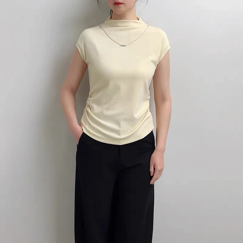 B027短袖女半高领夏季辣妹莫代尔T恤休闲纯色打底衫半袖