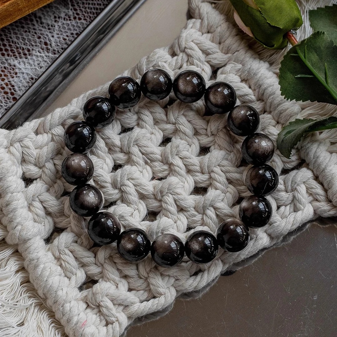 【配证书】天然墨西哥银曜石手串男女情侣手链银色黑曜石黑曜岩