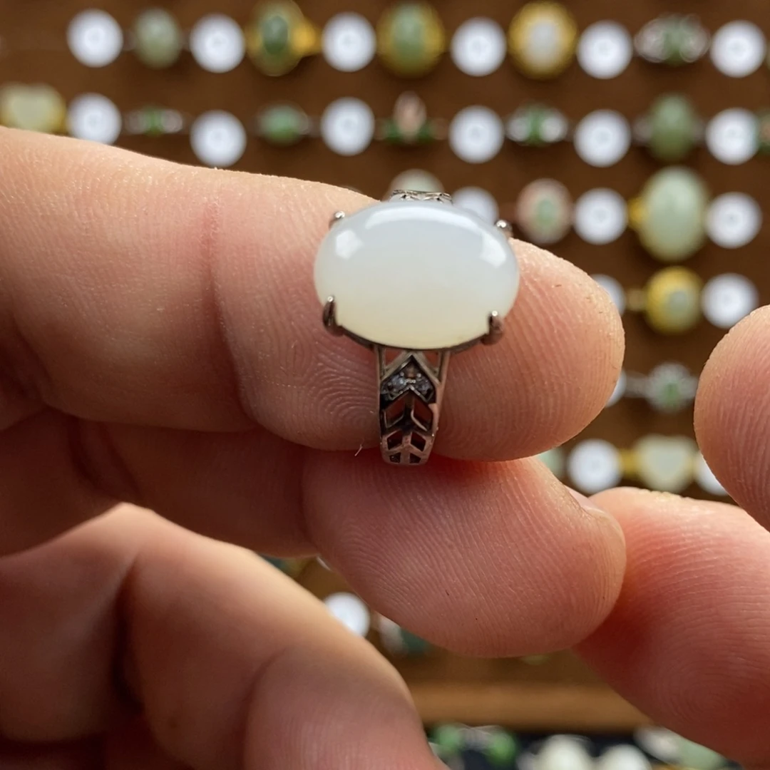 和田玉（白玉）银S925镀金镶嵌戒指