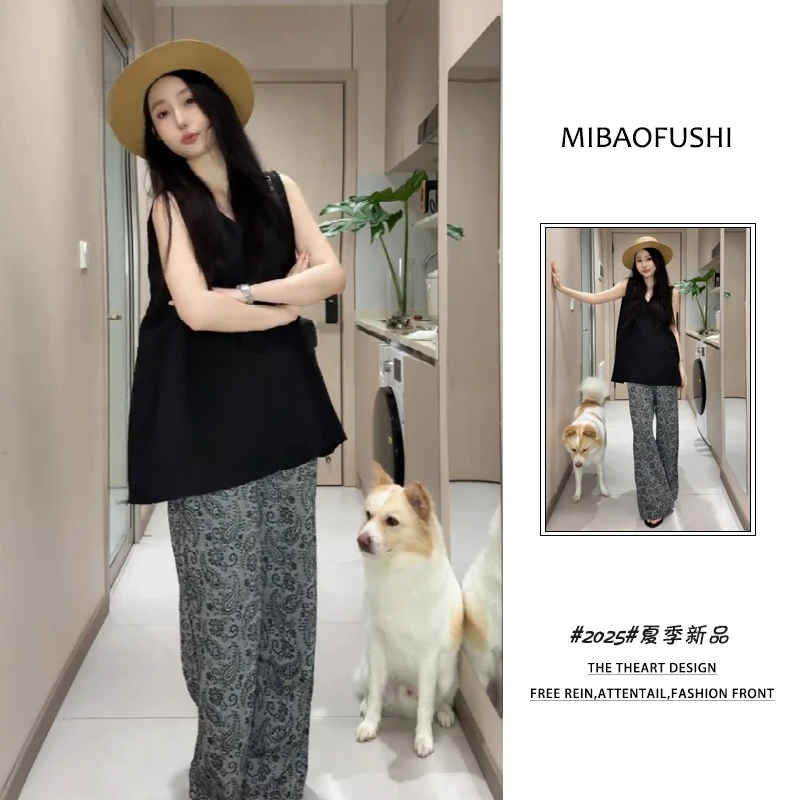 夏季穿搭一整套2025新款韩系时尚休闲无袖上衣阔腿裤两件套