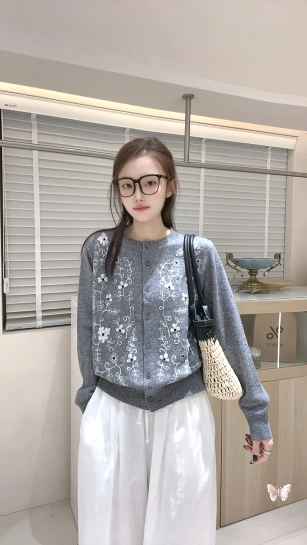 （星草花）圆领百搭女毛针织衫植物花卉短款休闲针织开衫设计感