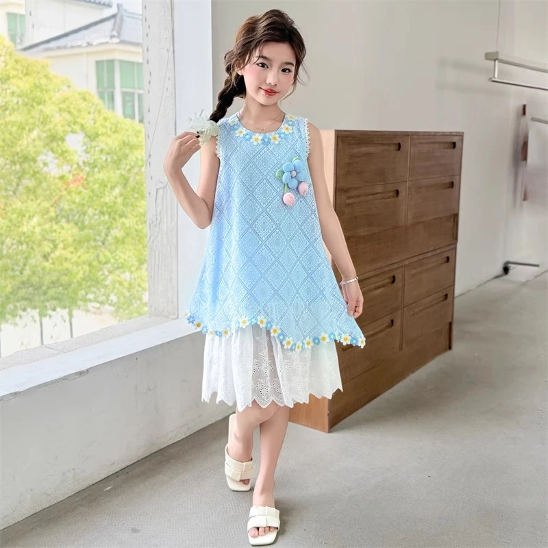 女童连衣裙夏季新款中大童假两件无袖花朵背心裙子女孩夏装公主裙