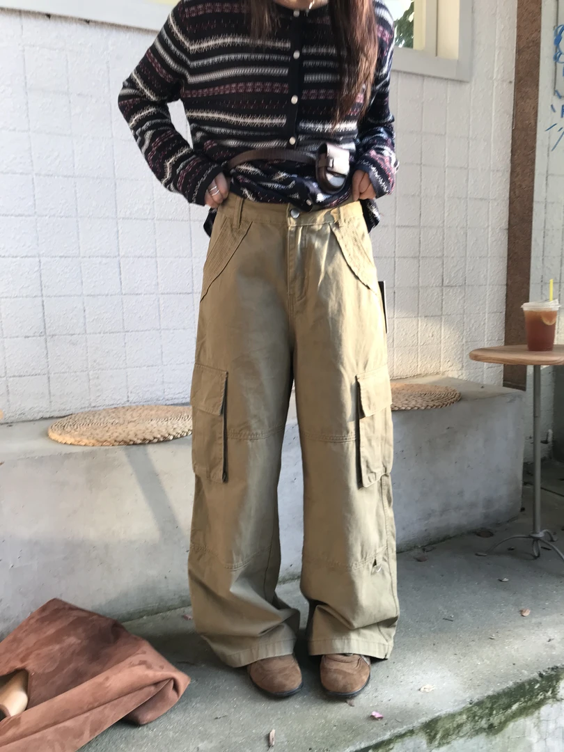 口袋吸汗拉链工装裤高腰休闲裤裤子百搭直筒卡其色