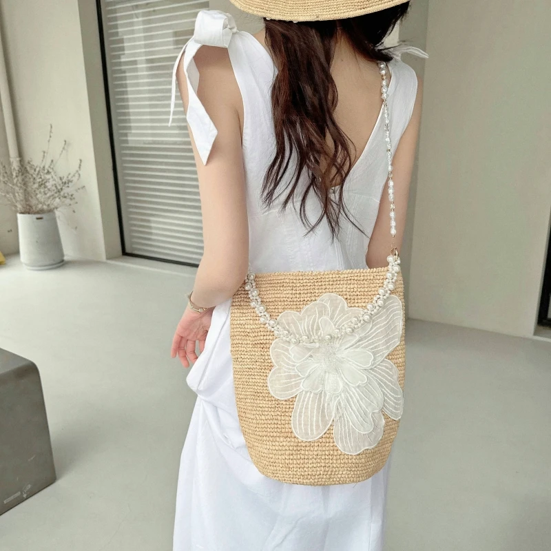 CREAMPP 原创钩针拉菲草刺绣流苏花双根珍珠链条大号水桶包草编包