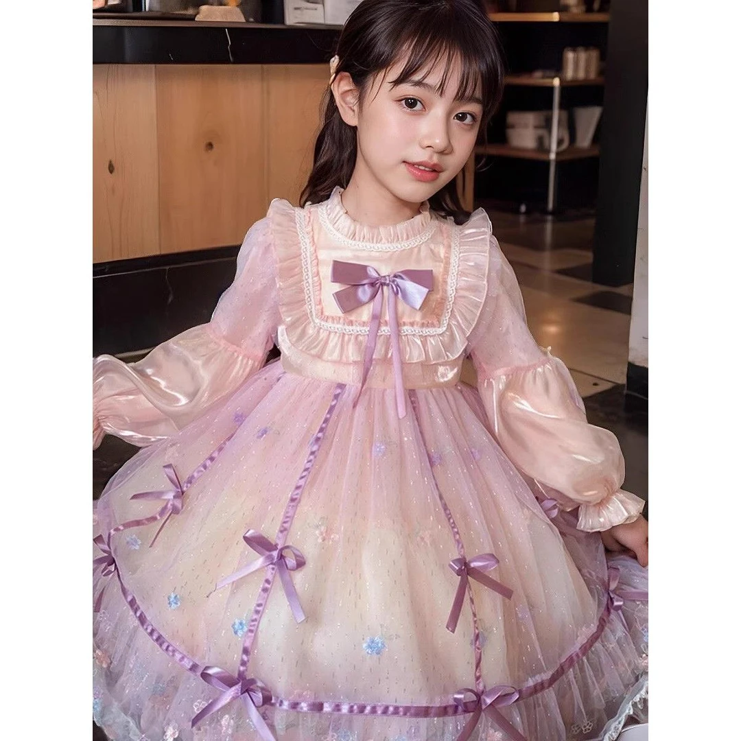 女童连衣裙春装2024新款蝴蝶结洋气网纱小女孩洛丽塔公主长袖裙子