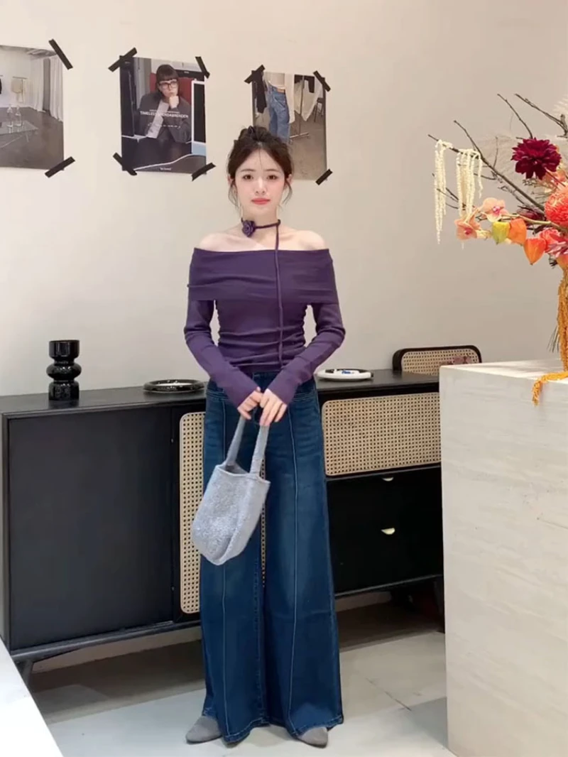 韩版紫色一字肩辣妹女秋款长袖T恤抽绳新款设计高级修身抽绳上衣