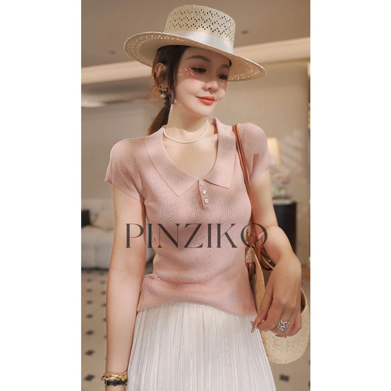 pinziko冰感polo~翻领显瘦T恤女夏短款纯色弹力透气针织衫TJF133