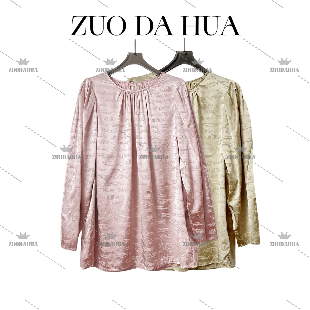 左大花 小鱼儿提花桑蚕丝衬衫女夏季薄款休闲宽松长袖衬衣上衣