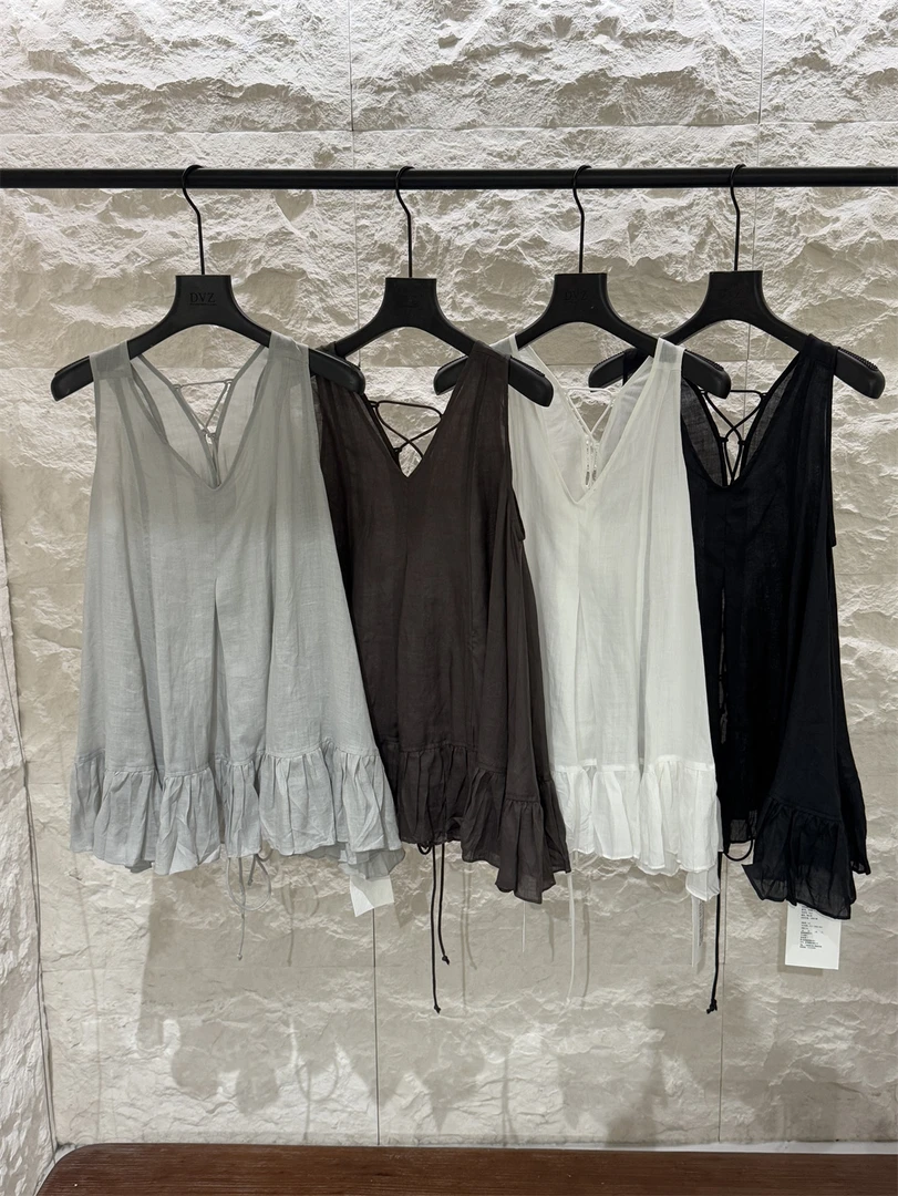 欧货夏季百搭超好看灰色木耳边绝美宽松遮肉上衣背心2025年夏季女