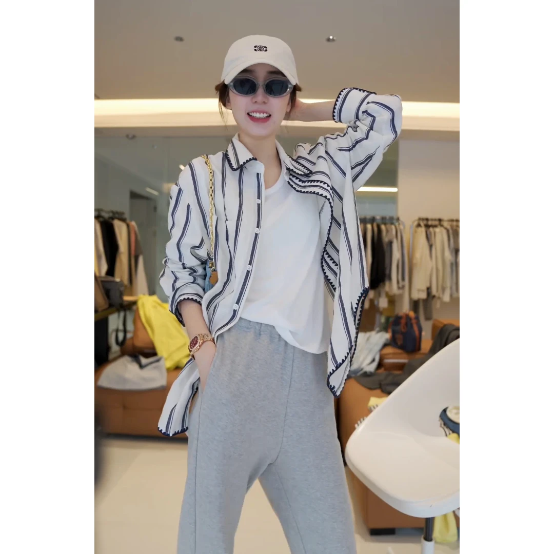 徐靖靖【竖条纹衬衣】2502393欧若风舒适春季新品时尚气质翻领条纹