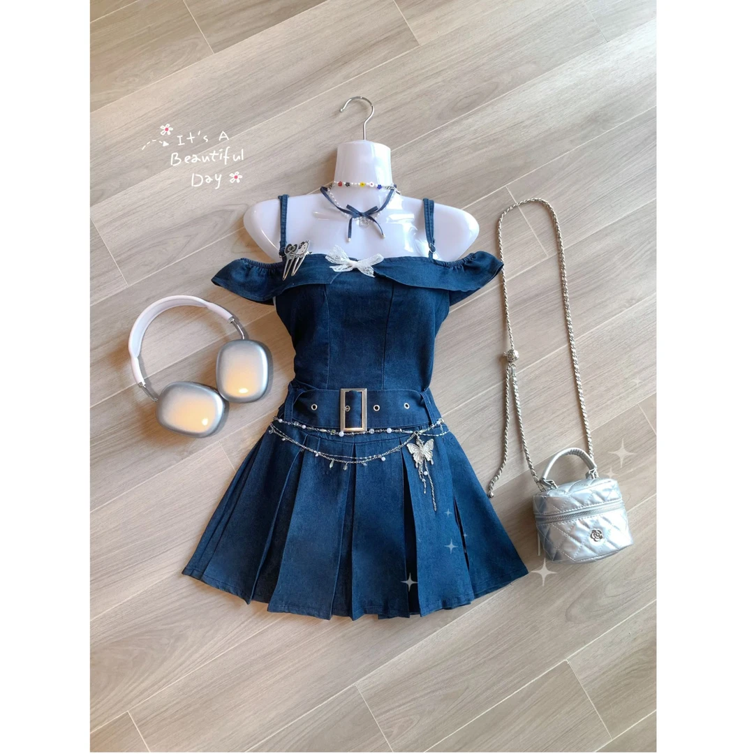 【贝尔专属】法式复古牛仔吊带连衣裙子女收腰高级感一字肩77215