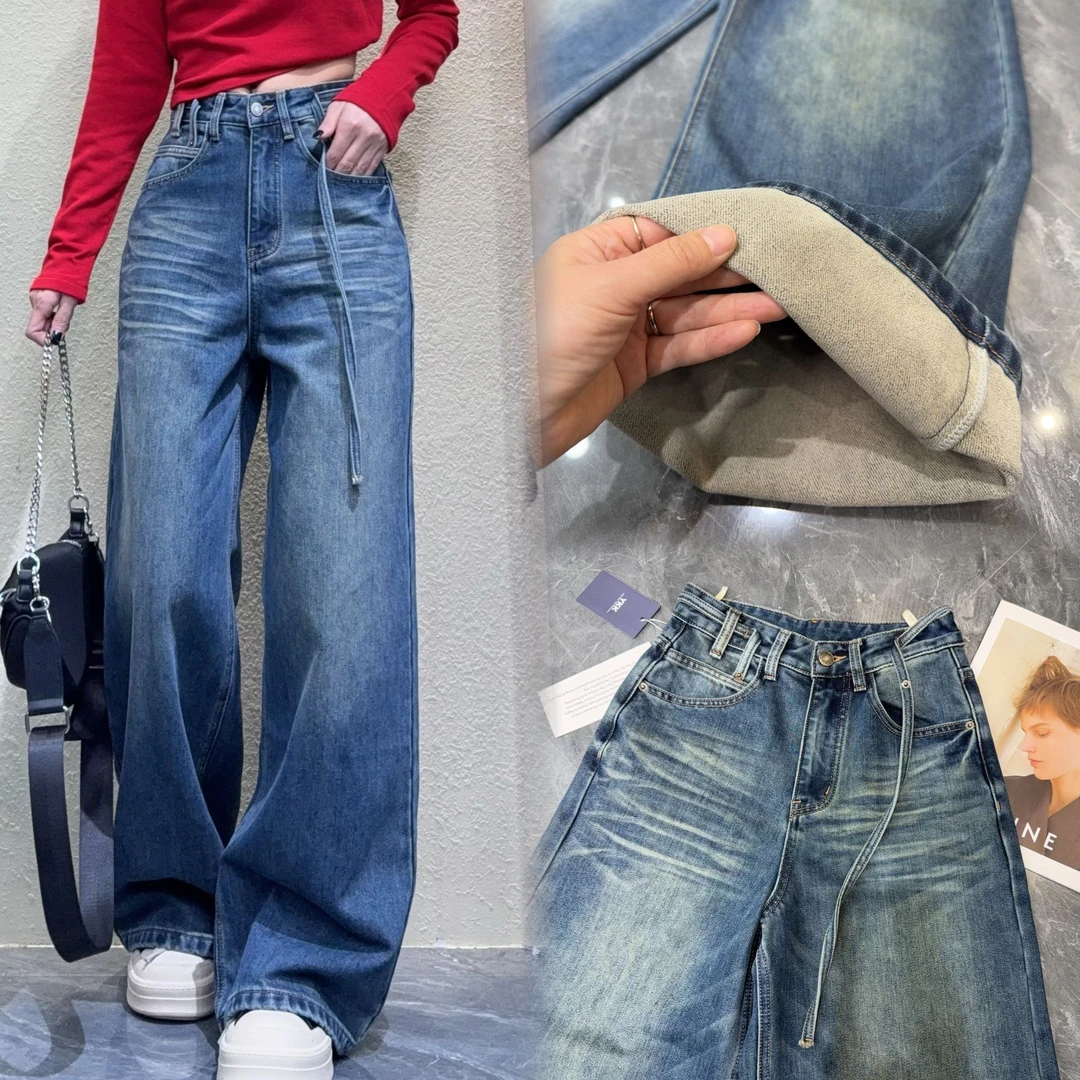 欧货2025秋百搭高腰显瘦直筒加绒牛仔裤女宽松休闲阔腿裤子潮3598
