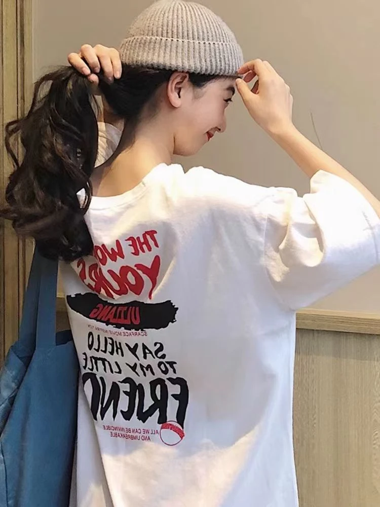 甜美可爱风格衣服白色宽松设计T恤短袖女欧货大版中长款夏季上衣