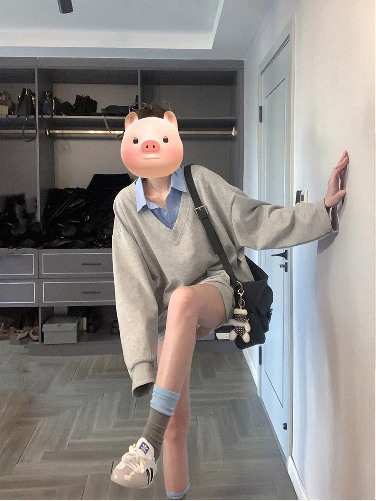 韩系假两件卫衣女秋冬POLO领拼接宽松长袖学院风休闲慵懒套头上衣