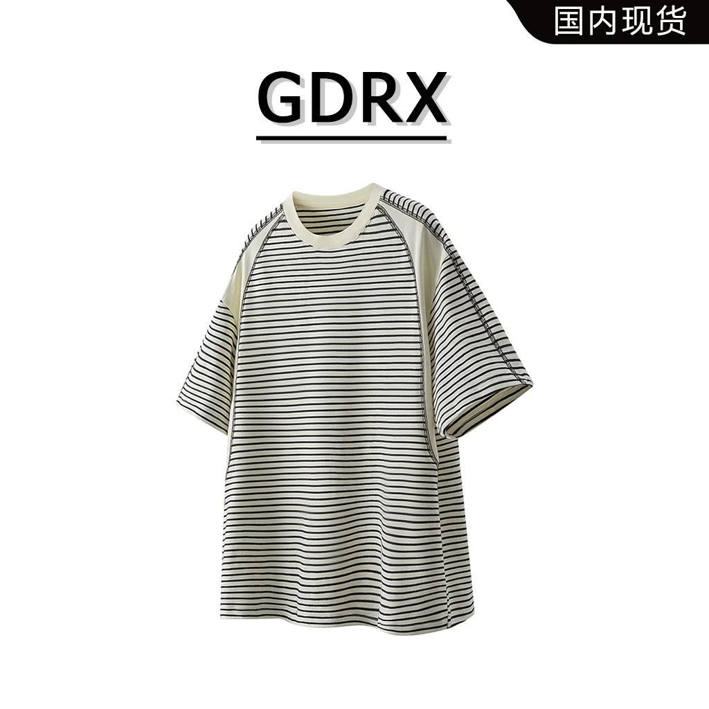 GDRX美式圆领男士短袖T恤2025夏季新款宽松休闲薄款百搭条纹上衣