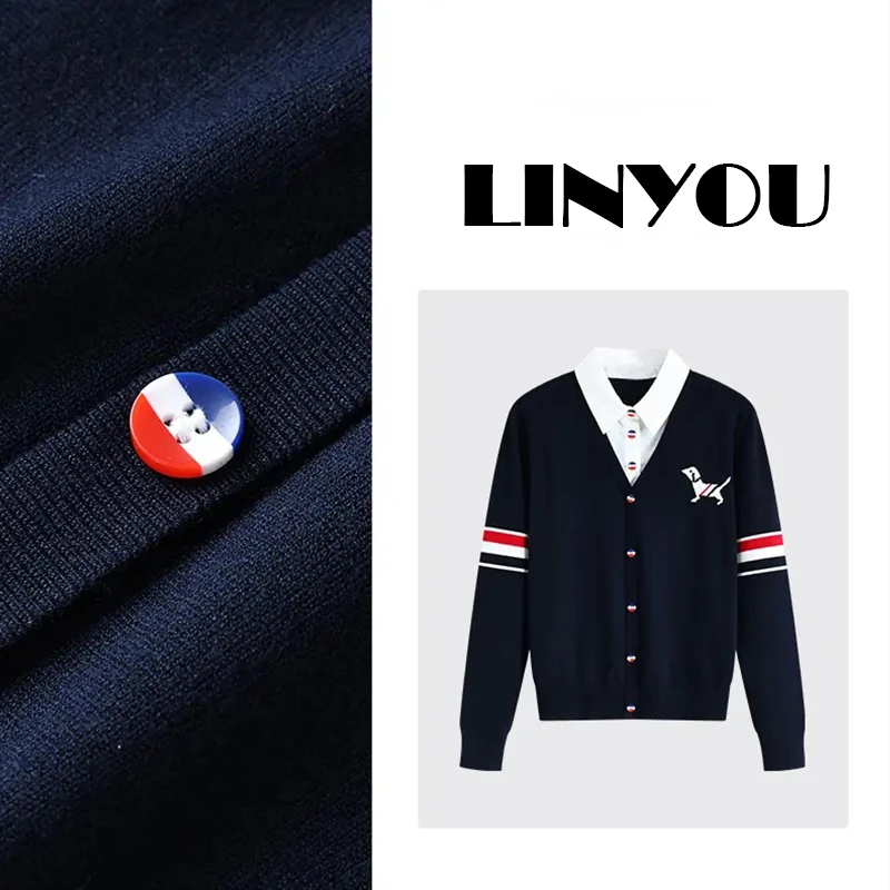 气质秋冬季穿经典百搭款撞色腊肠狗假两件长袖针织衫上衣减龄罩衫