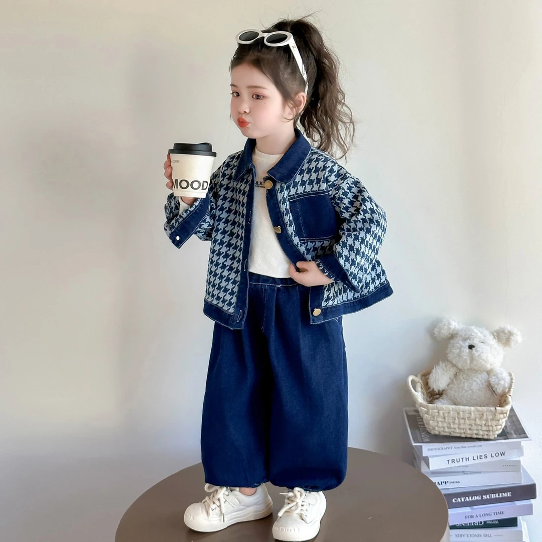女童牛仔套装2025秋季新款中小童时髦洋气千鸟格外套阔腿裤两件套