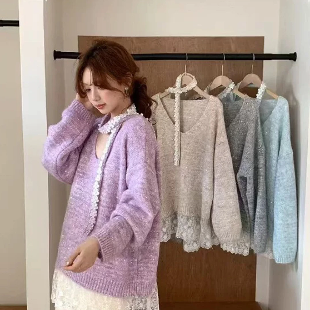 187飘带挂脖细闪V领正肩长袖针织毛衣女秋中长款假两件上衣