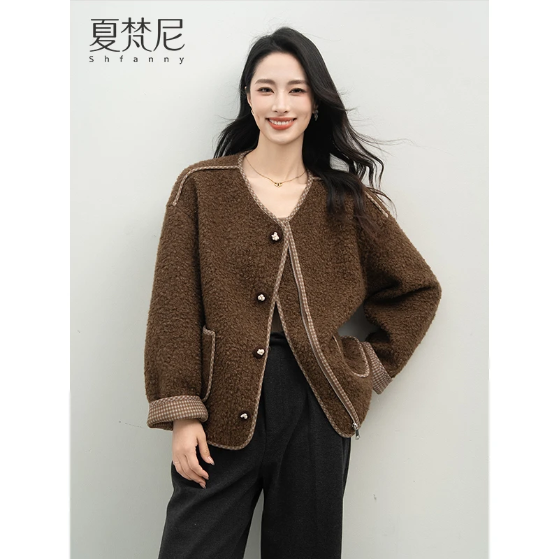 夏梵尼记忆绒理2025年秋冬新款韩版宽松拼格休闲外套