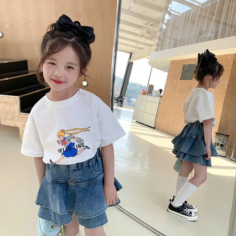 女童套装夏季2025新款韩版童装女宝宝洋气卡通上衣牛仔裙裤两件套