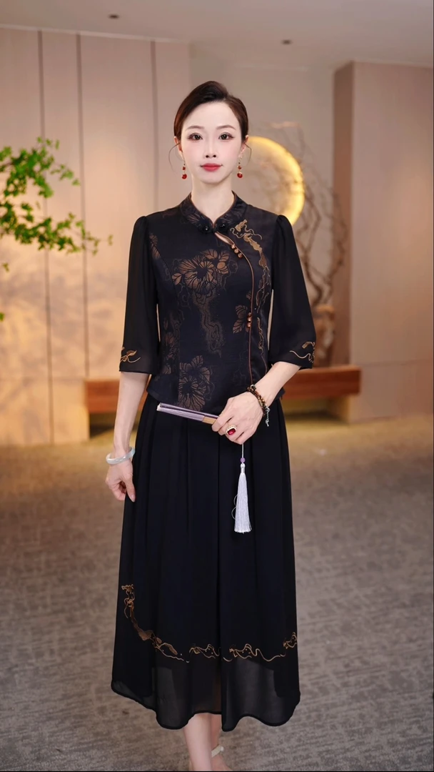 真两件套夏新款气质中老年奶奶妈妈装国风高贵洋气母亲衣服Z6068