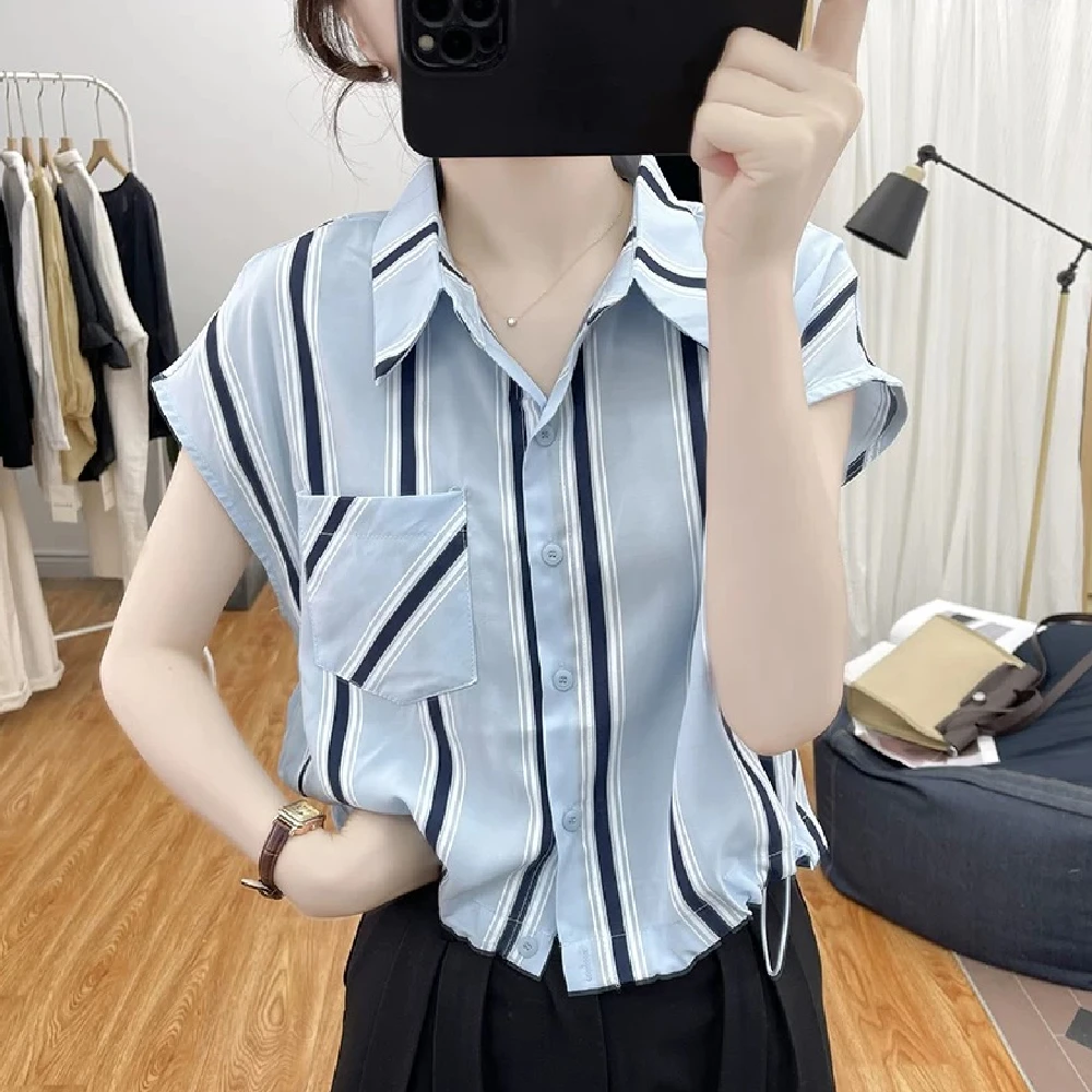 夏季新款Polo领飞飞袖宽松小个子纯棉减龄复古时尚百搭显瘦衬衫女