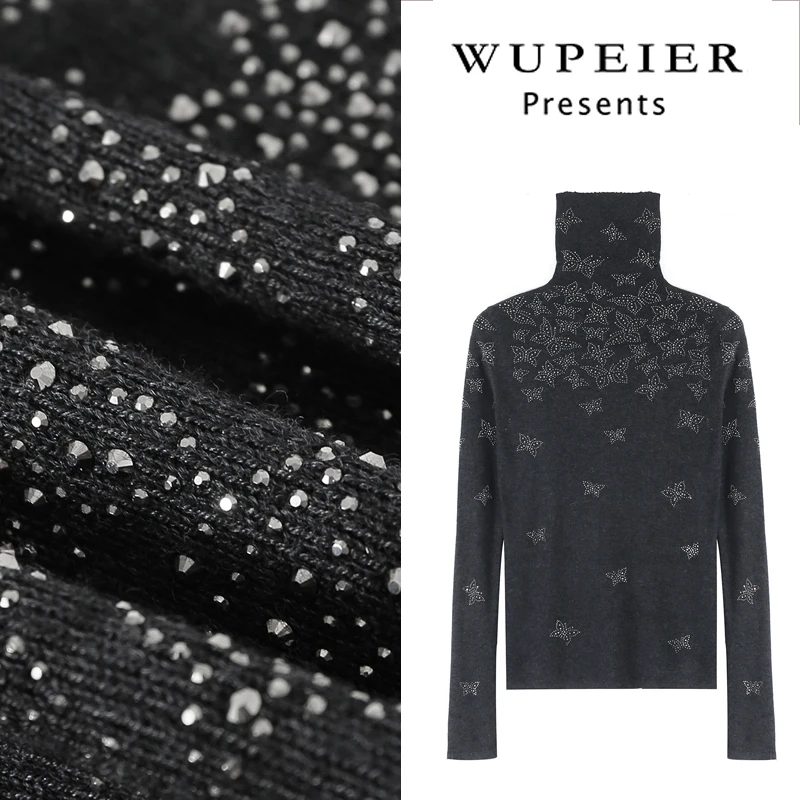 【蝴蝶炫舞】秋冬针织长袖半高领蝴蝶烫钻修身