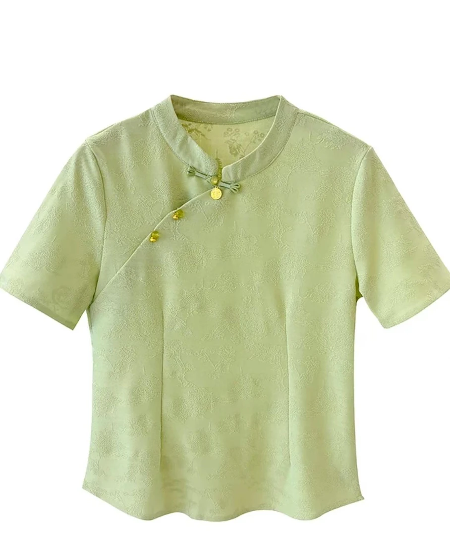 新中式提花旗袍领短袖衬衫夏款2025国风盘扣禅意复古开叉正肩上衣