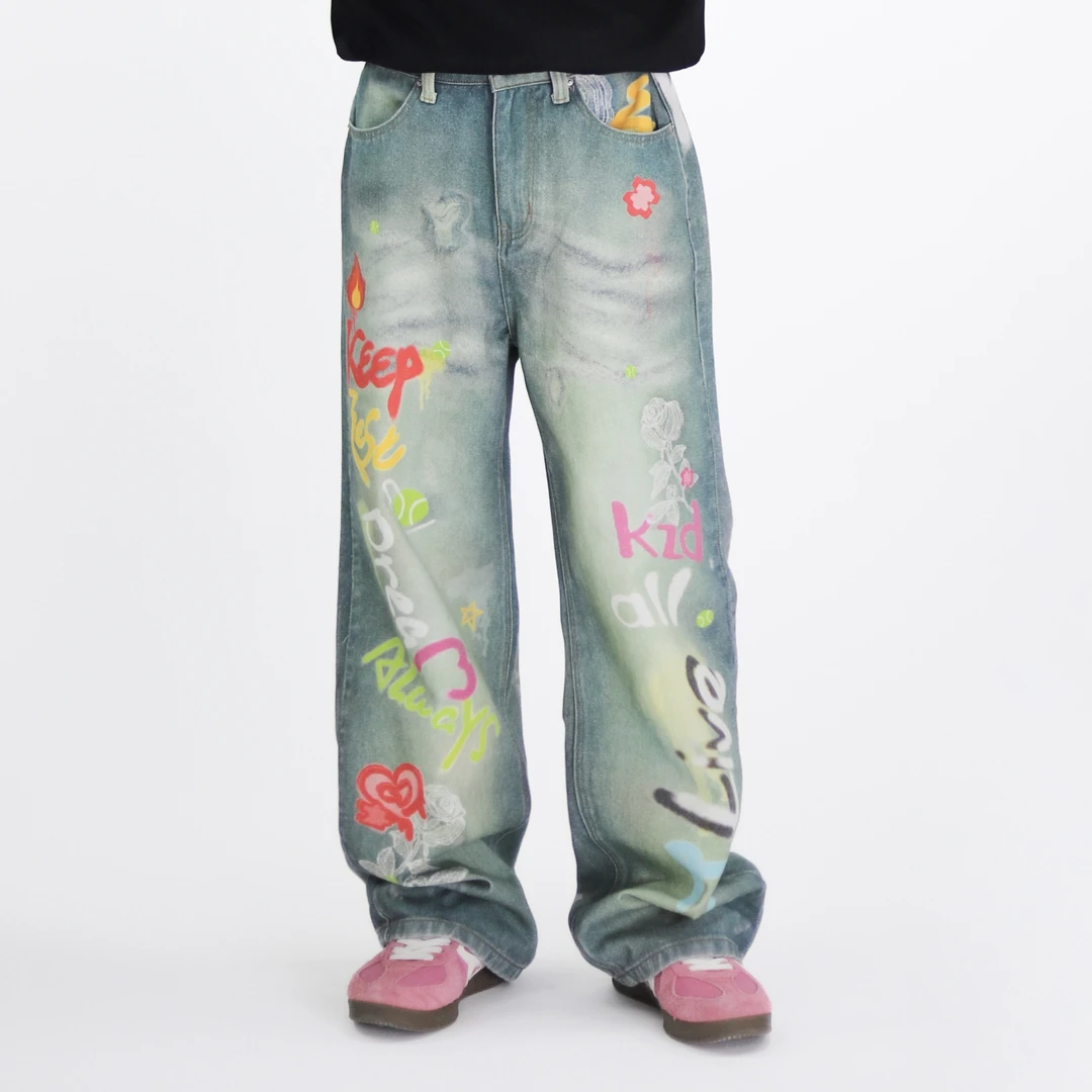 KZDALL原创设计蕾丝涂鸦logo打印牛仔裤美式街头休闲直筒宽松男女
