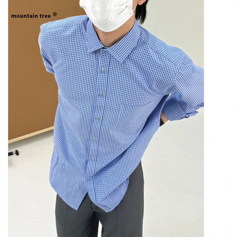 mountain tree棉质轻薄格子衬衫宽松高知风慵懒松弛蓝色百搭衬衣