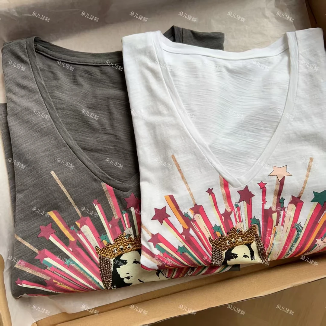 朵儿定制 【女神】夏季100竹节棉人像重工刺绣花朵V领T恤 IX79