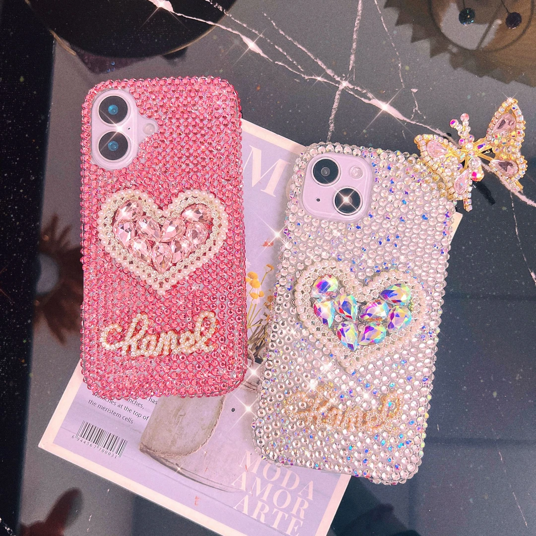 适用苹果/华为/OPPO/VIVO/小米手工DIY珍珠爱心镶满钻手机壳女款