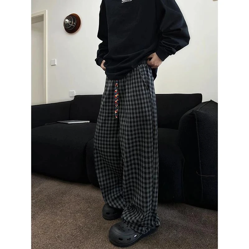 美式复古撞色vintage织带黑灰色格子休闲裤男宽松慵懒风直筒长裤
