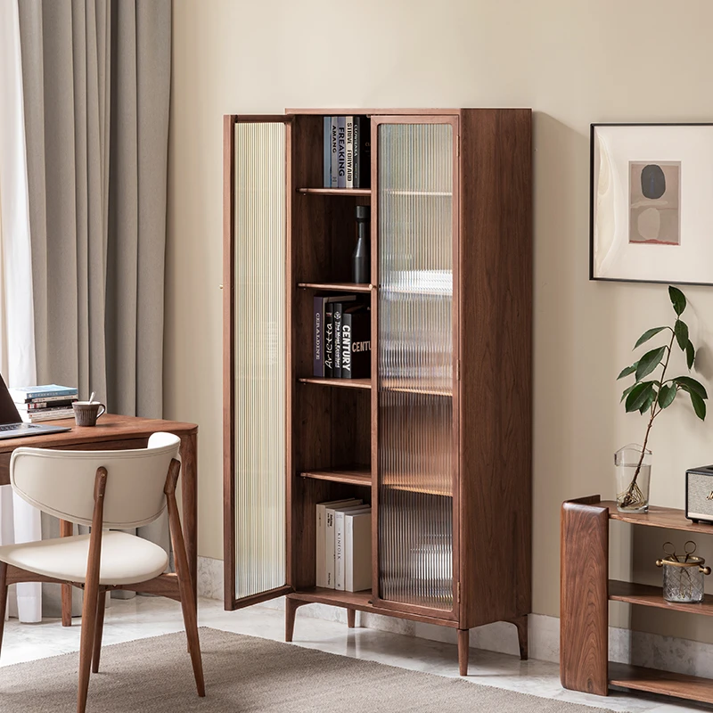 良年黑胡桃木书柜实木书架带玻璃门手办展示柜落地翻门储物置物柜
