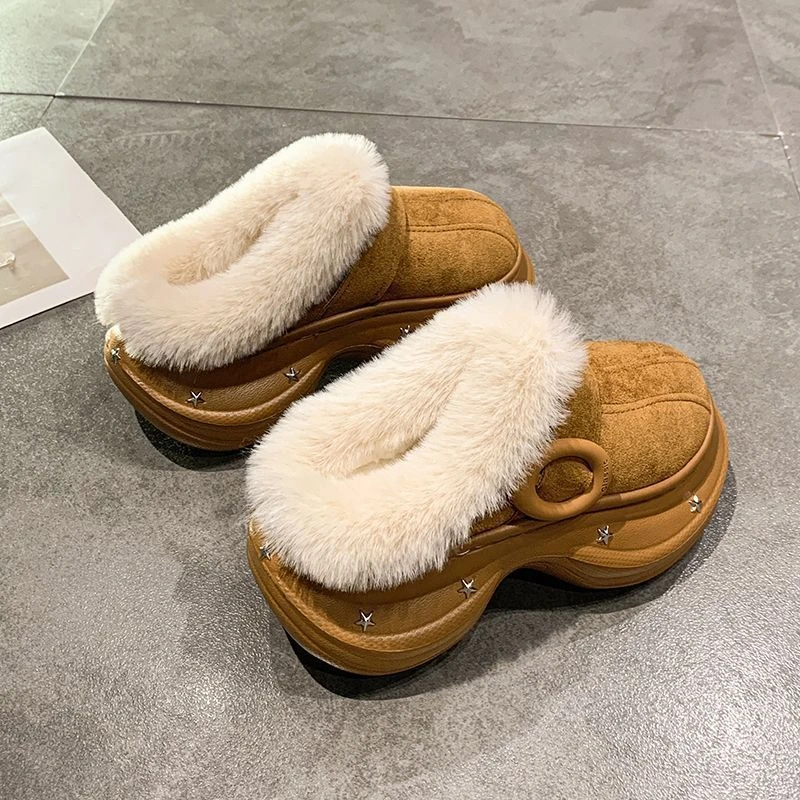 一脚蹬毛毛棉拖鞋女2025秋冬季新款厚底加绒保暖包头半拖鞋女外穿