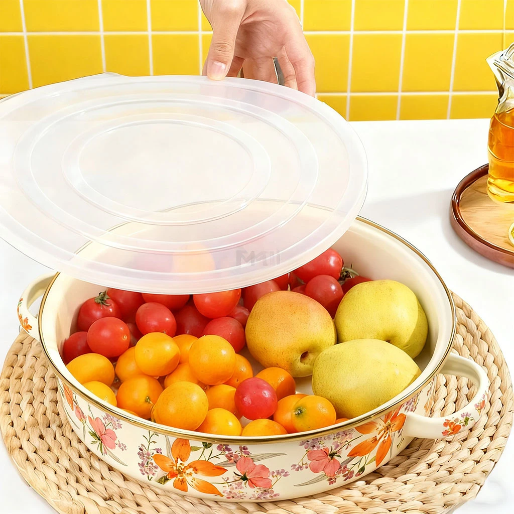 【搪小厨】28cm双耳烤盘+PE盖枫叶 特厚圆形带盖珐琅双耳烤盘