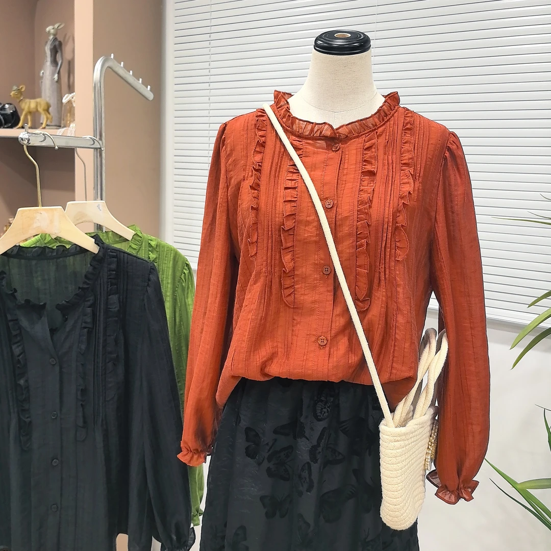 秋季长袖圆领木耳衬衫宽松薄款显瘦休闲洋气518